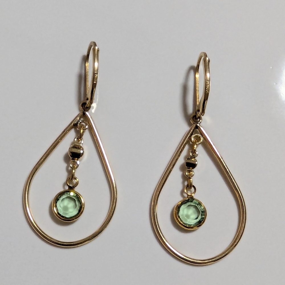 Tear Drop Hoop Earrings With Green Glass Dangle Accent